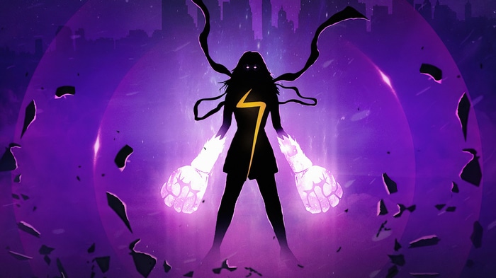 Ms. Marvel silhouette with glowing fists and purple energy