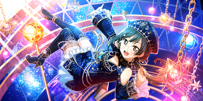 Yuki Setsuna in a starry blue outfit with glasses