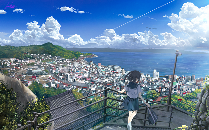 Anime girl with dark hair in a skirt overlooking a cityscape
