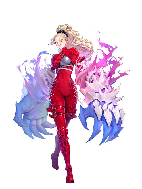 Anime girl with blonde hair and red clothing