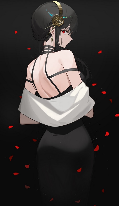 Yor Forger in a black dress with red petals