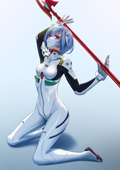 Rei Ayanami in a white plugsuit holding a spear