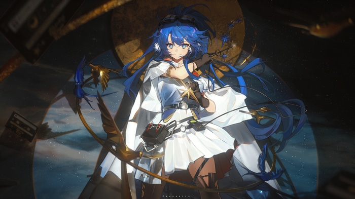 Arknights anime girl with blue hair and blue eyes