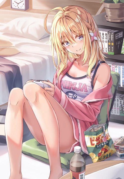 Anime girl playing video games with chips and soda