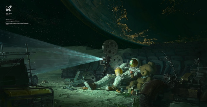 Astronaut watching a movie on the moon with Earth in the background