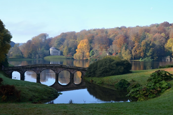 Stourhead garden with bridge and classical temple