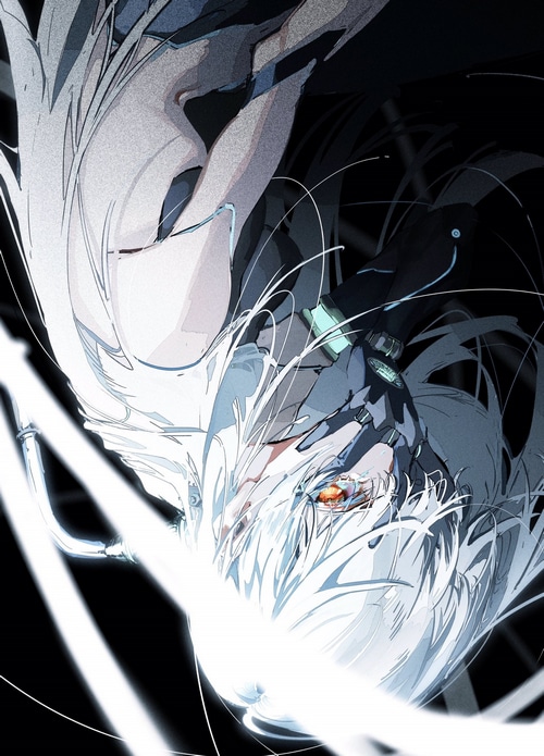 Anime character with orange eyes and white hair