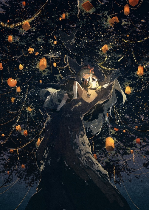 Girl sitting on a tree with lanterns