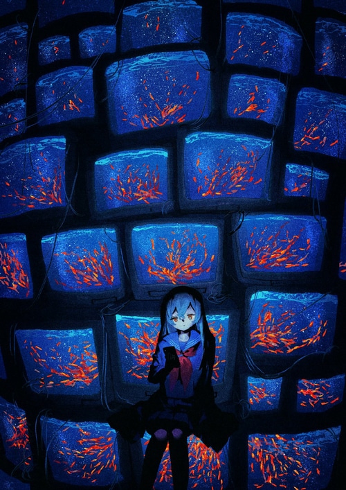 Girl surrounded by screens of fish