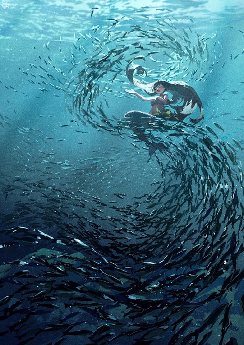 Mermaid surrounded by a swirling school of fish