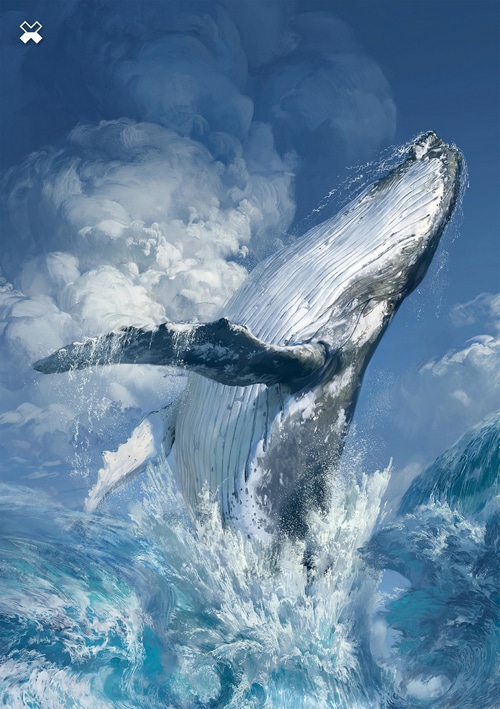 Artwork of a whale breaching in the ocean
