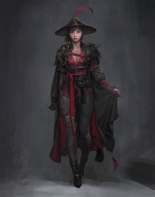 Woman in black and red outfit with a hat