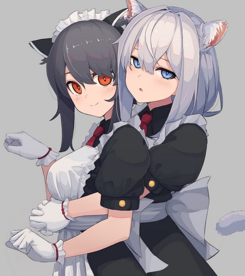 Two anime cat girls in maid outfits hugging