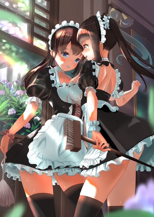 Two maids in maid outfits with cleaning tools