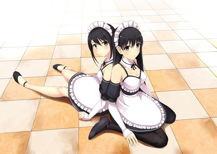 Two anime maids sitting back-to-back on a tiled floor
