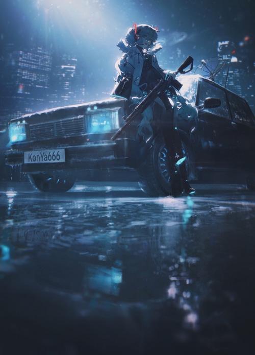 Hatsune Miku with a rifle by a car in a city