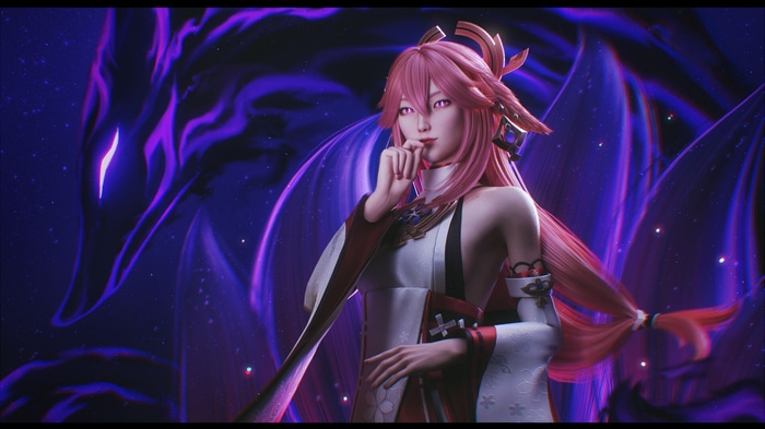 Yae Miko from Genshin Impact with a spirit fox