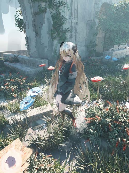 Isekaijoucho character in a garden with flowers
