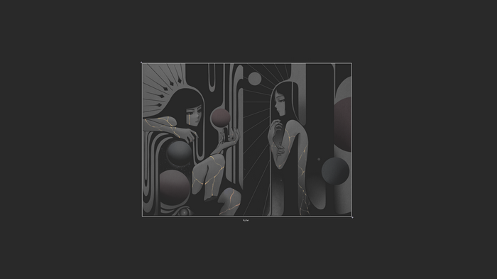 Abstract art with two figures and gold accents