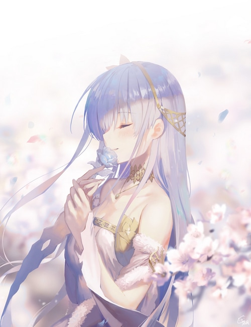 Anastasia smelling a blue rose surrounded by flowers
