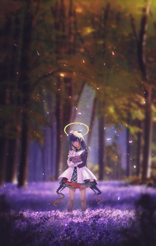 Ninomae Ina holding a Takodachi in a forest