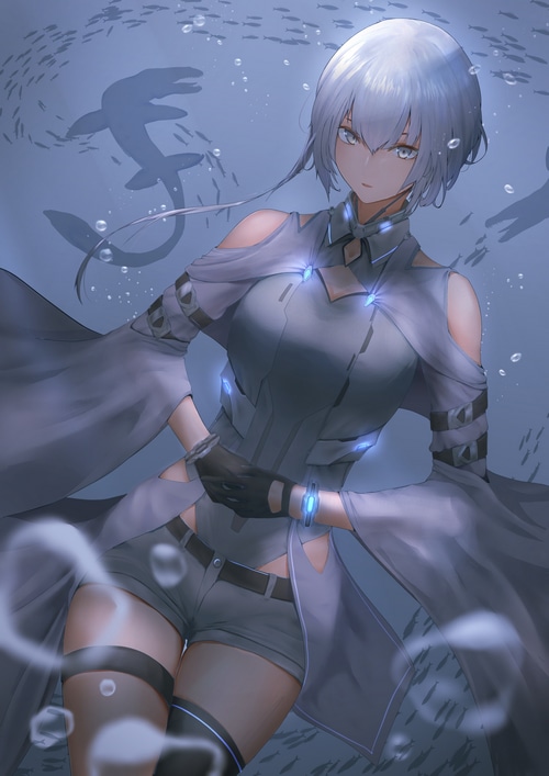 Anime girl with silver hair underwater with fish