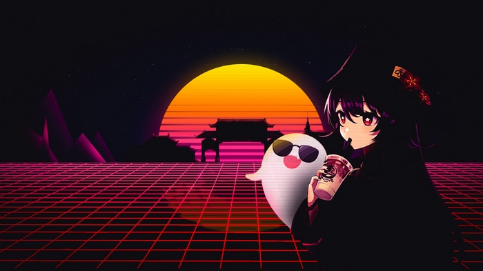 Hu Tao and Ghost in Synthwave Sunset