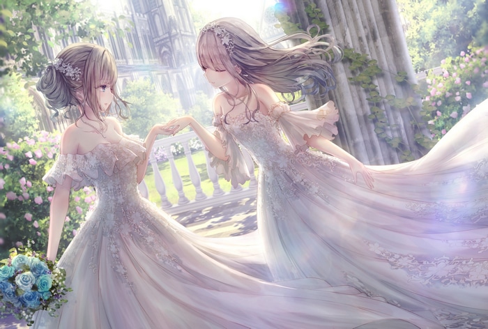 Two brides in wedding dresses holding hands in a garden