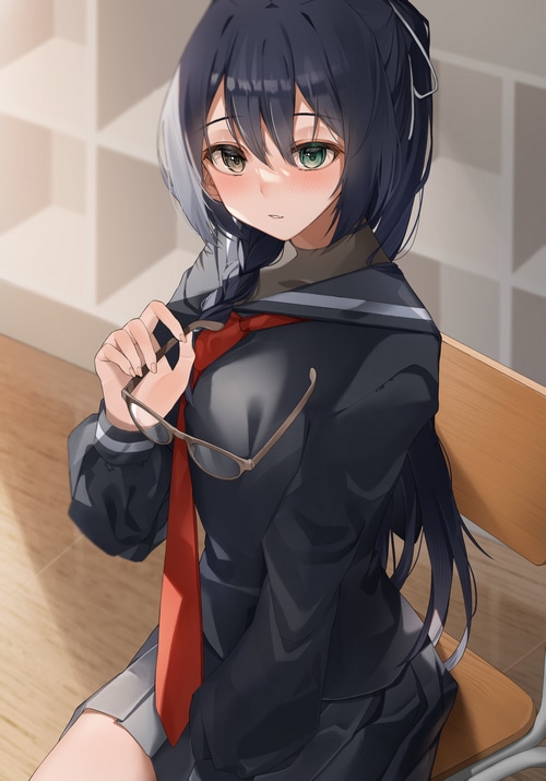 Anime girl with heterochromia holding glasses