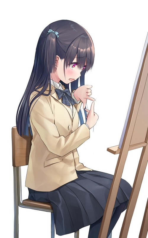 Anime girl in school uniform at an easel