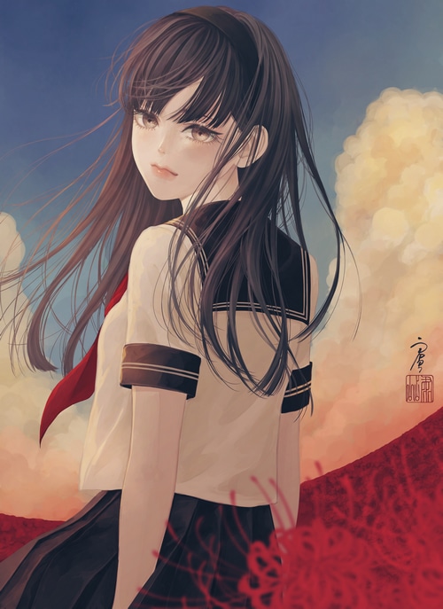 Schoolgirl in uniform with red flowers