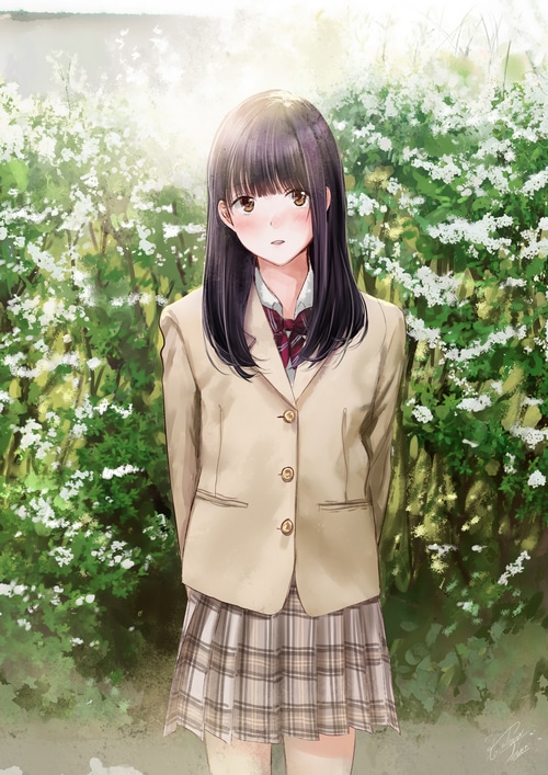 Anime schoolgirl in uniform with flowers