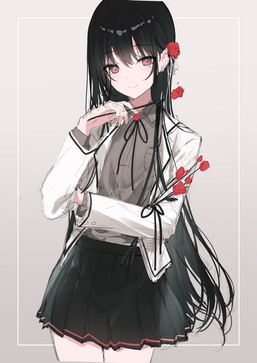 Anime girl with black hair and red roses