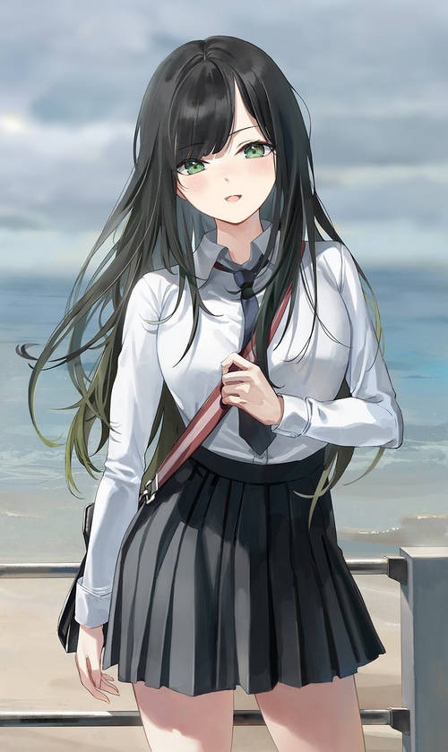 Anime girl in school uniform by the sea