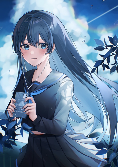 Anime girl in school uniform listening to music