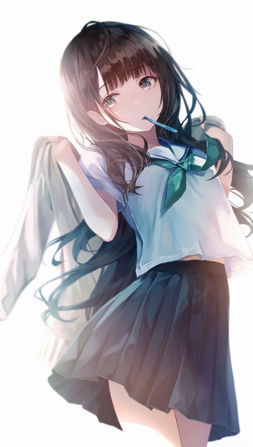 Anime schoolgirl with dark hair and blue lollipop