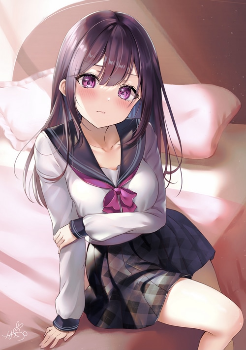 Anime schoolgirl in uniform with purple eyes