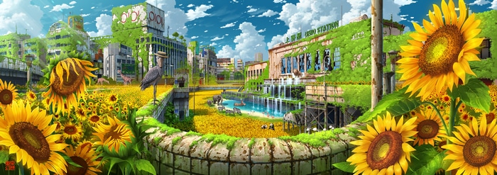 Ruined city overgrown with sunflowers and nature