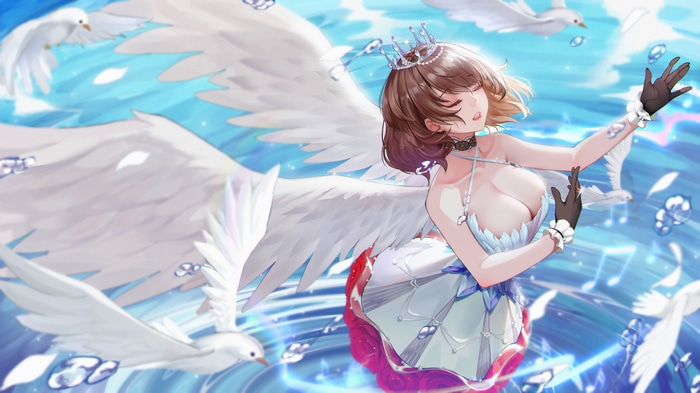 Angel with wings and birds in water
