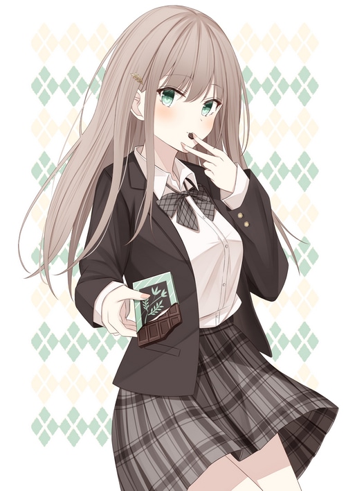Anime schoolgirl in uniform eating chocolate