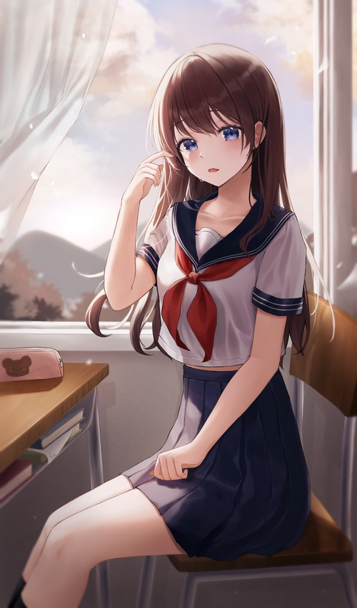 Anime schoolgirl crying by the window