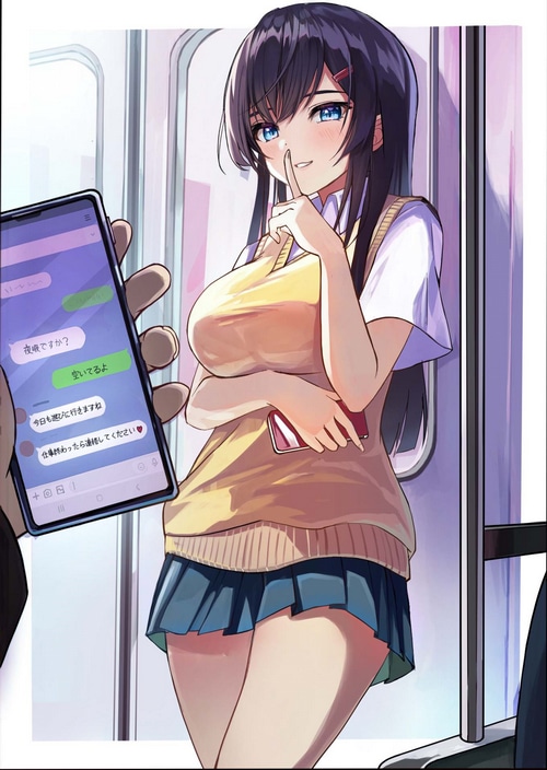 Anime girl in school uniform on a train