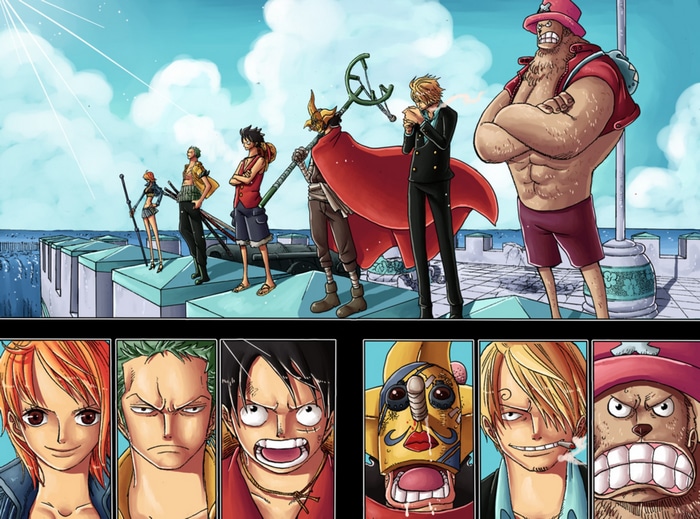 One Piece characters standing on a wall