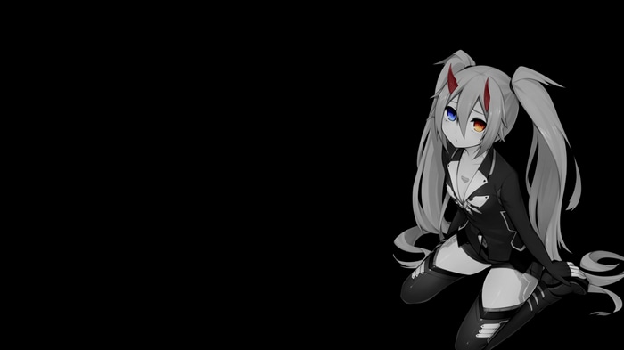 Anime girl with horns and heterochromia on black background