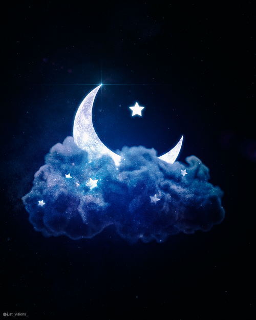 Moon and stars on a cloud in space