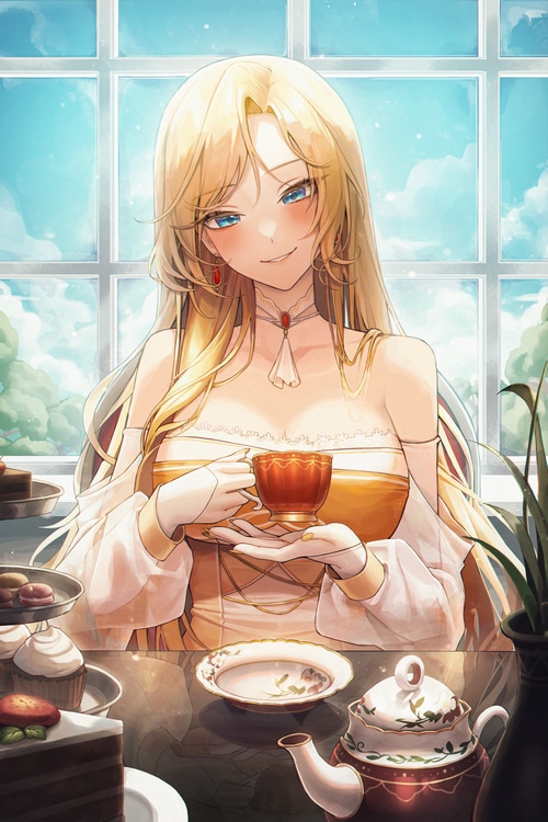 Woman with blonde hair drinking tea with sweets