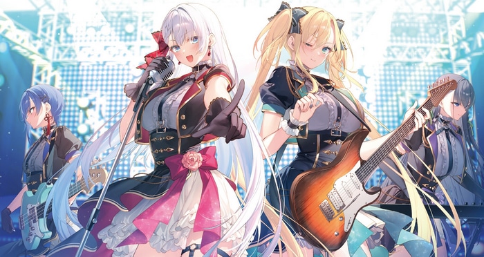 Anime girls playing musical instruments on stage