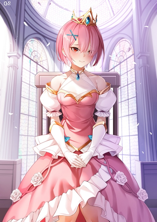 Ram in a pink dress with a crown