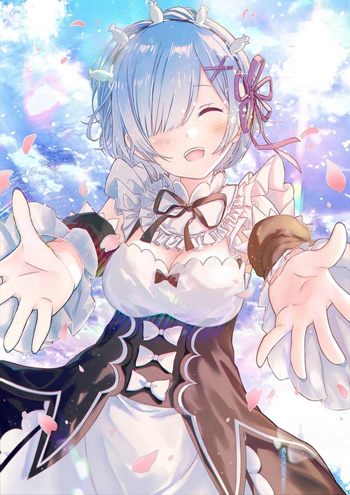 Rem from Re:Zero in a maid outfit with petals