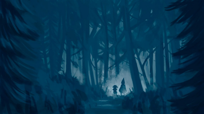 Two figures in a dark forest, Over the Garden Walls